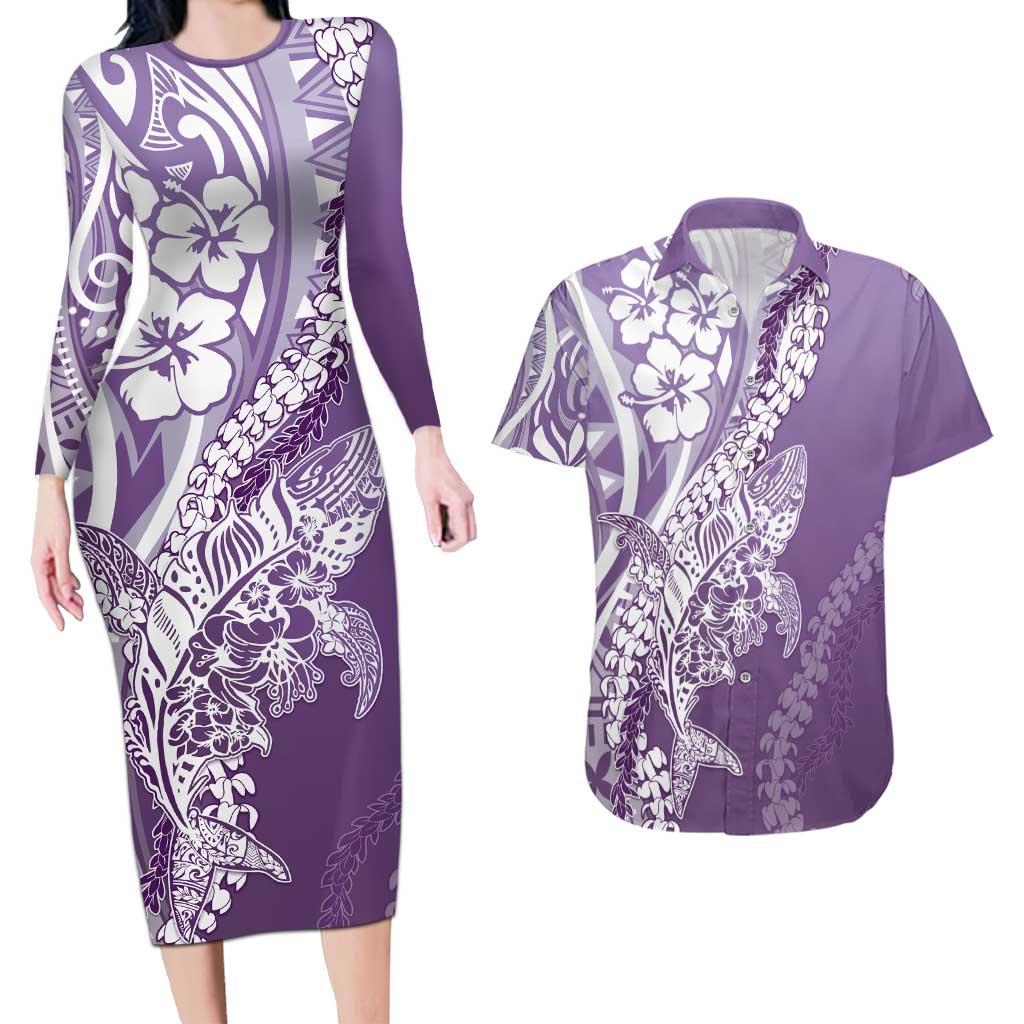 Hawaii Puakenikeni And Maile Lei Couples Matching Long Sleeve Bodycon Dress and Hawaiian Shirt Violet Polynesian Shark Tattoo DT05