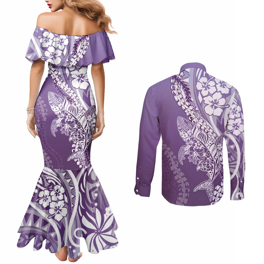 Hawaii Puakenikeni And Maile Lei Couples Matching Mermaid Dress and Long Sleeve Button Shirt Violet Polynesian Shark Tattoo DT05