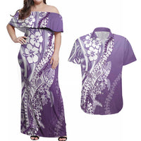 Hawaii Puakenikeni And Maile Lei Couples Matching Off Shoulder Maxi Dress and Hawaiian Shirt Violet Polynesian Shark Tattoo DT05