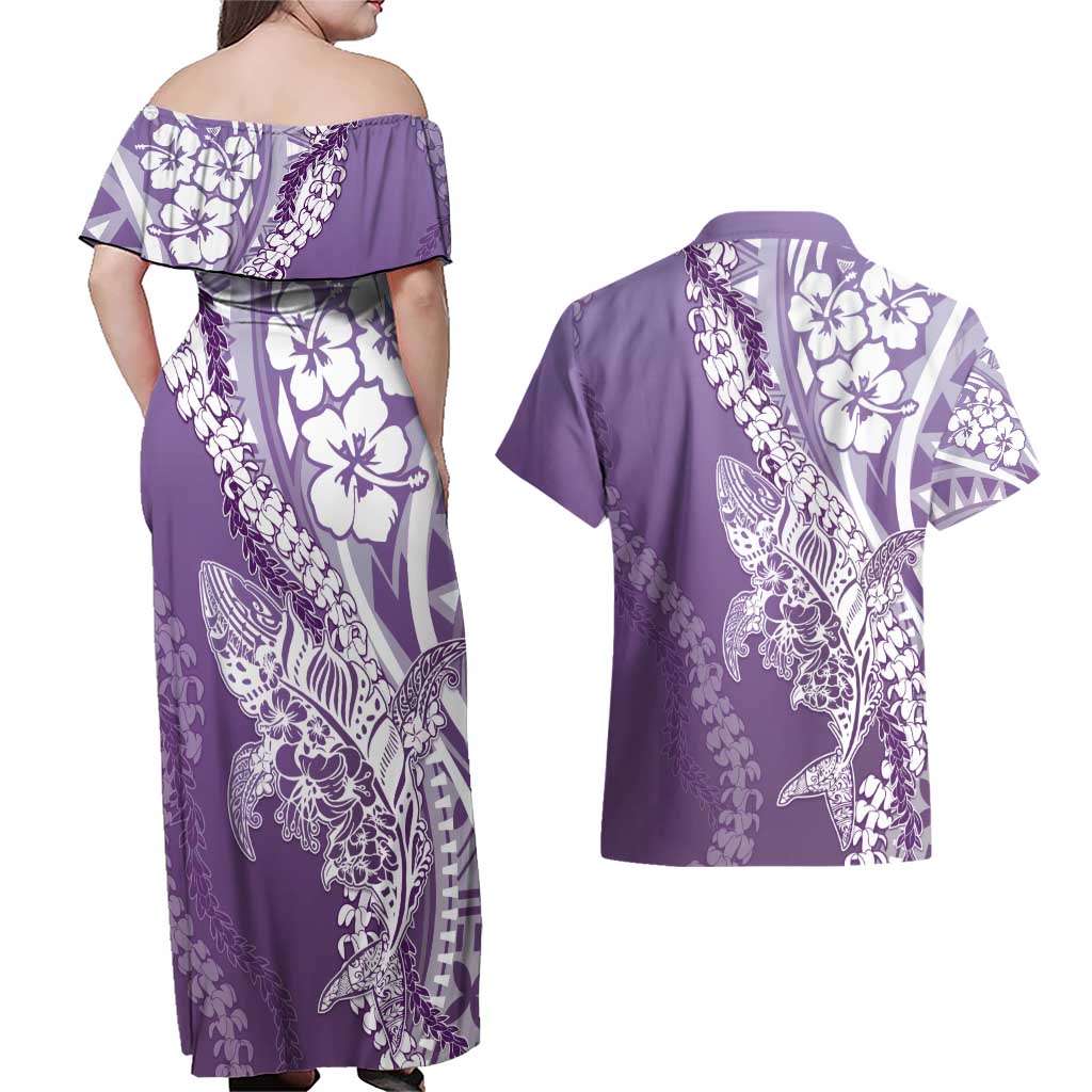 Hawaii Puakenikeni And Maile Lei Couples Matching Off Shoulder Maxi Dress and Hawaiian Shirt Violet Polynesian Shark Tattoo DT05