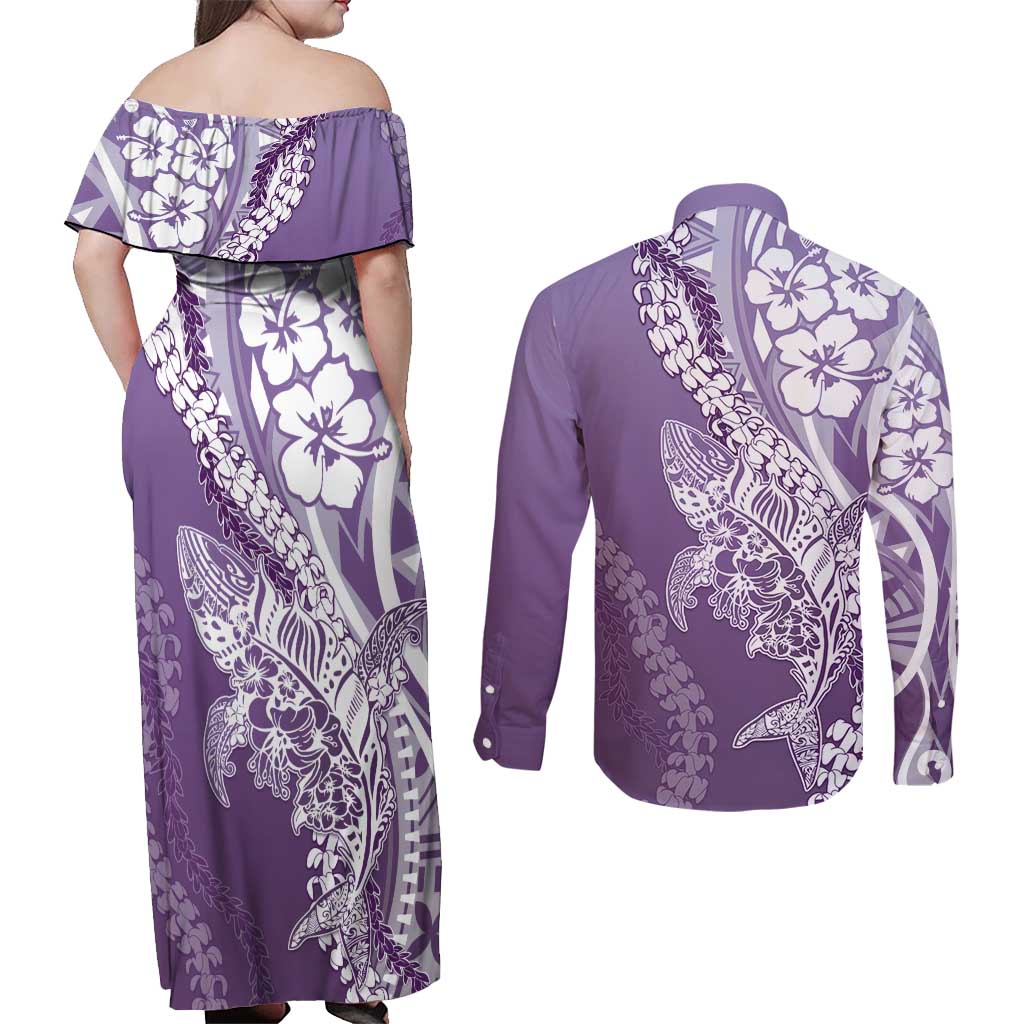 Hawaii Puakenikeni And Maile Lei Couples Matching Off Shoulder Maxi Dress and Long Sleeve Button Shirt Violet Polynesian Shark Tattoo DT05