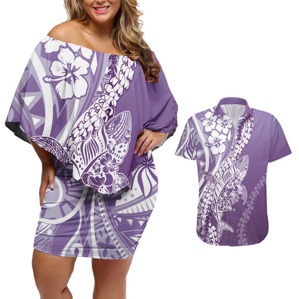 Hawaii Puakenikeni And Maile Lei Couples Matching Off Shoulder Short Dress and Hawaiian Shirt Violet Polynesian Shark Tattoo DT05