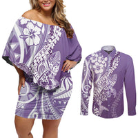 Hawaii Puakenikeni And Maile Lei Couples Matching Off Shoulder Short Dress and Long Sleeve Button Shirt Violet Polynesian Shark Tattoo DT05