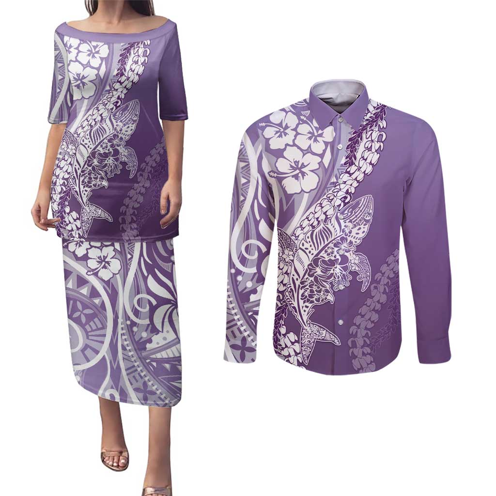 Hawaii Puakenikeni And Maile Lei Couples Matching Puletasi and Long Sleeve Button Shirt Violet Polynesian Shark Tattoo DT05 Violet - Polynesian Pride