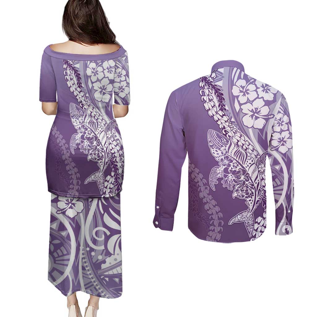Hawaii Puakenikeni And Maile Lei Couples Matching Puletasi and Long Sleeve Button Shirt Violet Polynesian Shark Tattoo DT05 - Polynesian Pride