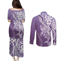 Hawaii Puakenikeni And Maile Lei Couples Matching Puletasi and Long Sleeve Button Shirt Violet Polynesian Shark Tattoo DT05 - Polynesian Pride