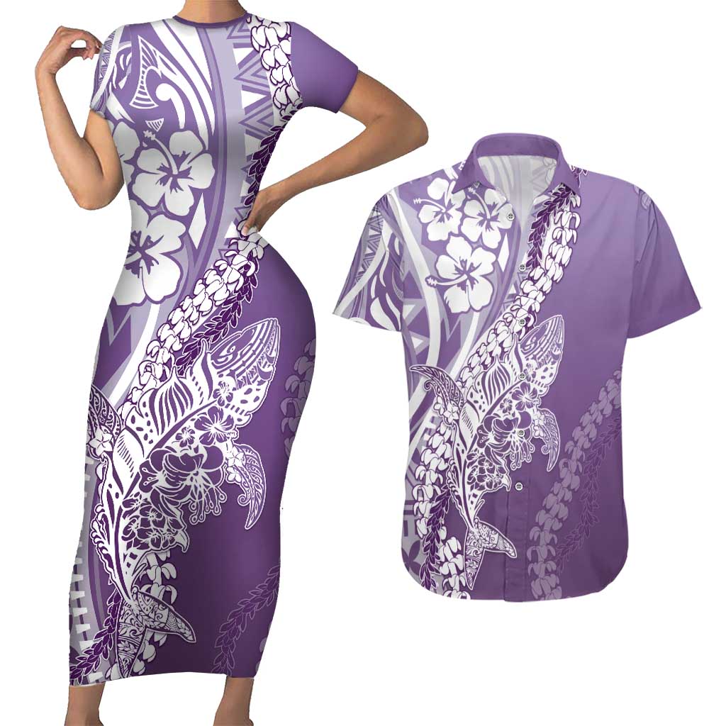 Hawaii Puakenikeni And Maile Lei Couples Matching Short Sleeve Bodycon Dress and Hawaiian Shirt Violet Polynesian Shark Tattoo DT05