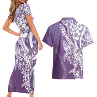 Hawaii Puakenikeni And Maile Lei Couples Matching Short Sleeve Bodycon Dress and Hawaiian Shirt Violet Polynesian Shark Tattoo DT05