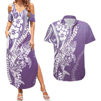 Hawaii Puakenikeni And Maile Lei Couples Matching Summer Maxi Dress and Hawaiian Shirt Violet Polynesian Shark Tattoo DT05