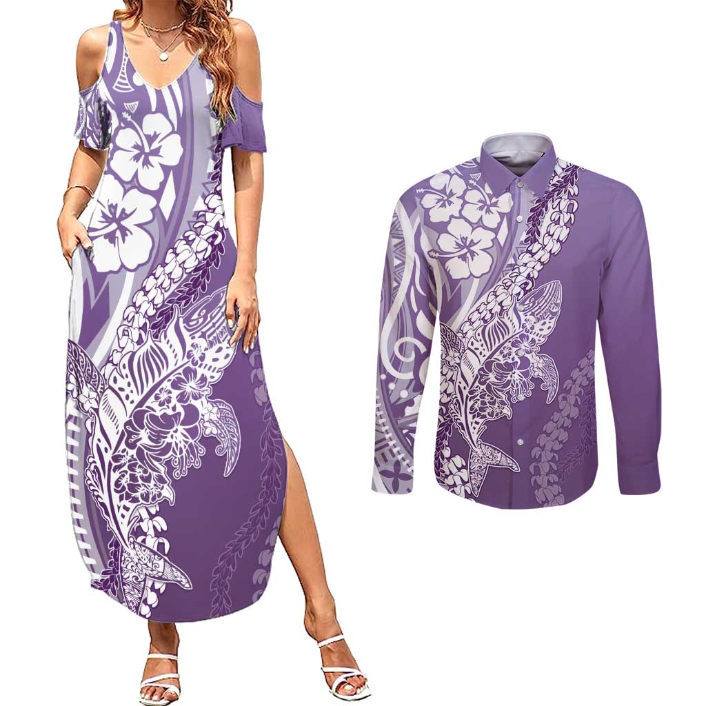 Hawaii Puakenikeni And Maile Lei Couples Matching Summer Maxi Dress and Long Sleeve Button Shirt Violet Polynesian Shark Tattoo DT05