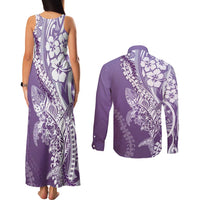 Hawaii Puakenikeni And Maile Lei Couples Matching Tank Maxi Dress and Long Sleeve Button Shirt Violet Polynesian Shark Tattoo DT05