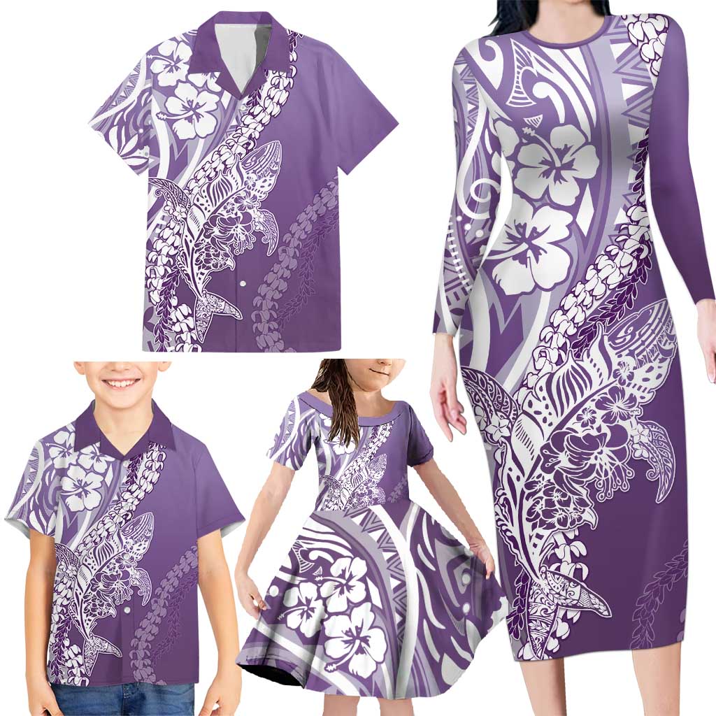 Hawaii Puakenikeni And Maile Lei Family Matching Long Sleeve Bodycon Dress and Hawaiian Shirt Violet Polynesian Shark Tattoo DT05