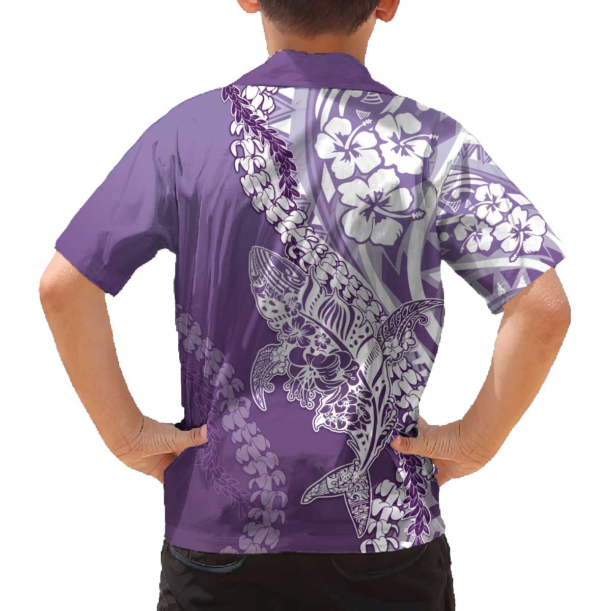Hawaii Puakenikeni And Maile Lei Family Matching Off The Shoulder Long Sleeve Dress and Hawaiian Shirt Violet Polynesian Shark Tattoo DT05