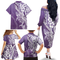 Hawaii Puakenikeni And Maile Lei Family Matching Off The Shoulder Long Sleeve Dress and Hawaiian Shirt Violet Polynesian Shark Tattoo DT05