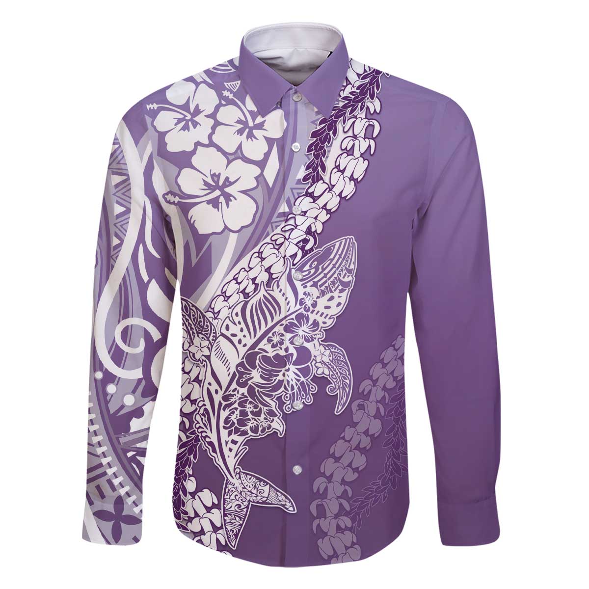 Hawaii Puakenikeni And Maile Lei Family Matching Off The Shoulder Long Sleeve Dress and Hawaiian Shirt Violet Polynesian Shark Tattoo DT05