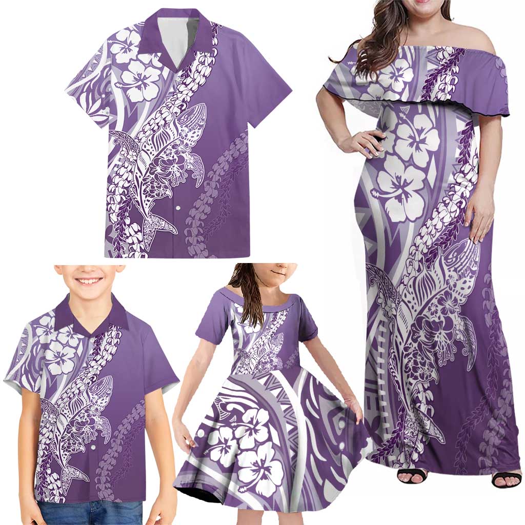 Hawaii Puakenikeni And Maile Lei Family Matching Off Shoulder Maxi Dress and Hawaiian Shirt Violet Polynesian Shark Tattoo DT05