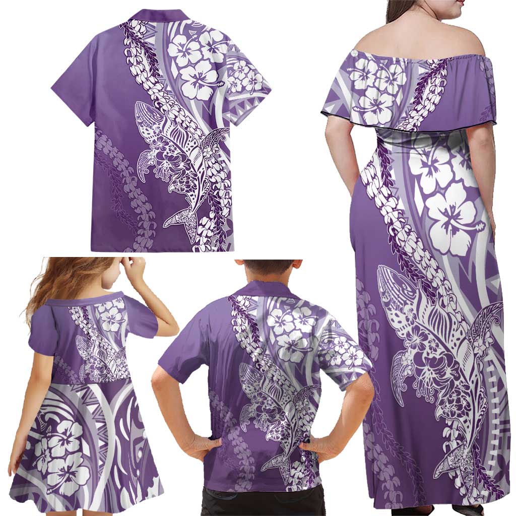 Hawaii Puakenikeni And Maile Lei Family Matching Off Shoulder Maxi Dress and Hawaiian Shirt Violet Polynesian Shark Tattoo DT05 - Polynesian Pride