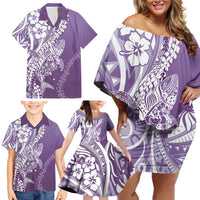Hawaii Puakenikeni And Maile Lei Family Matching Off Shoulder Short Dress and Hawaiian Shirt Violet Polynesian Shark Tattoo DT05