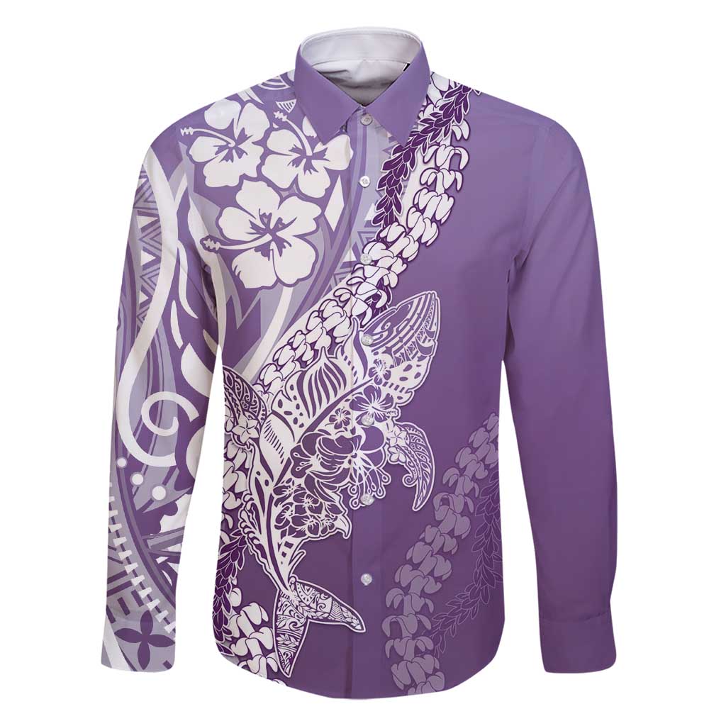 Hawaii Puakenikeni And Maile Lei Family Matching Off Shoulder Short Dress and Hawaiian Shirt Violet Polynesian Shark Tattoo DT05