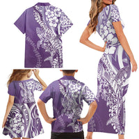 Hawaii Puakenikeni And Maile Lei Family Matching Short Sleeve Bodycon Dress and Hawaiian Shirt Violet Polynesian Shark Tattoo DT05