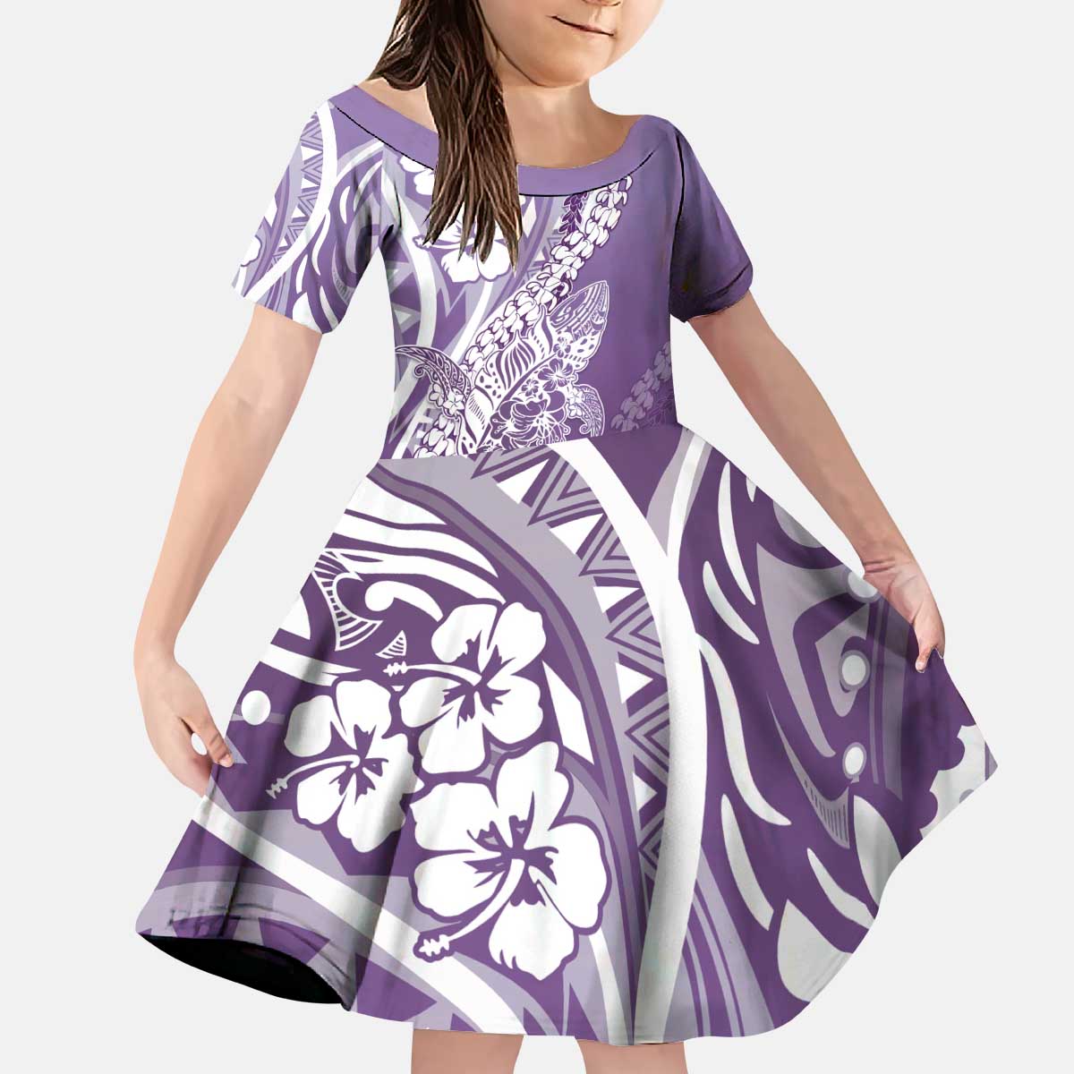 Hawaii Puakenikeni And Maile Lei Kid Short Sleeve Dress Violet Polynesian Shark Tattoo DT05 KID Violet - Polynesian Pride