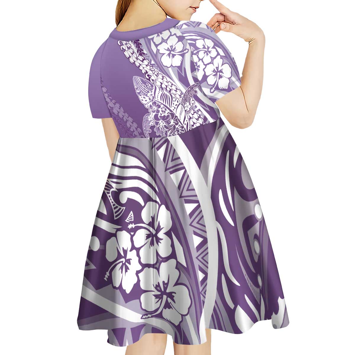 Hawaii Puakenikeni And Maile Lei Kid Short Sleeve Dress Violet Polynesian Shark Tattoo DT05 - Polynesian Pride