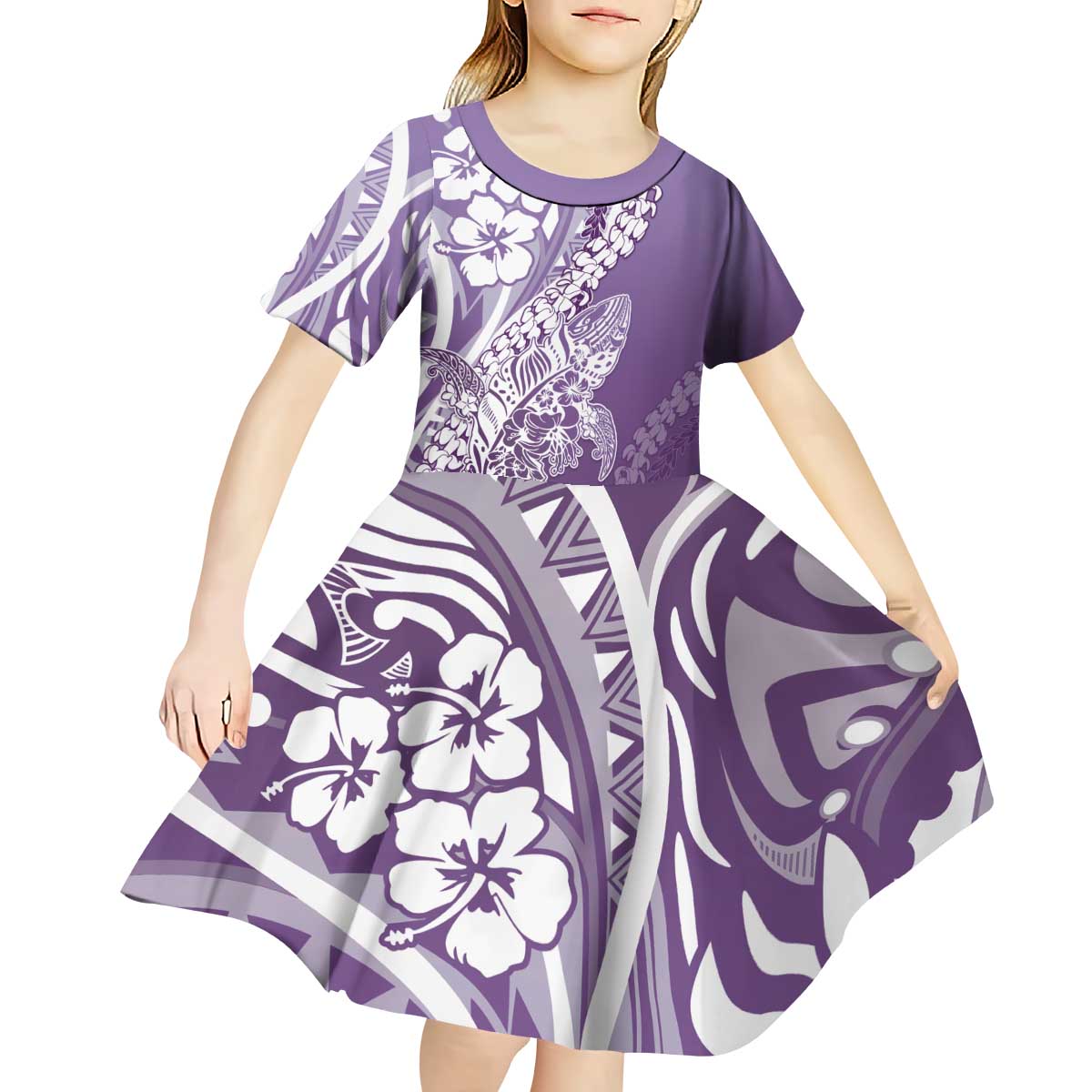 Hawaii Puakenikeni And Maile Lei Kid Short Sleeve Dress Violet Polynesian Shark Tattoo DT05 - Polynesian Pride