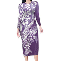 Hawaii Puakenikeni And Maile Lei Long Sleeve Bodycon Dress Violet Polynesian Shark Tattoo DT05 Long Dress Violet - Polynesian Pride