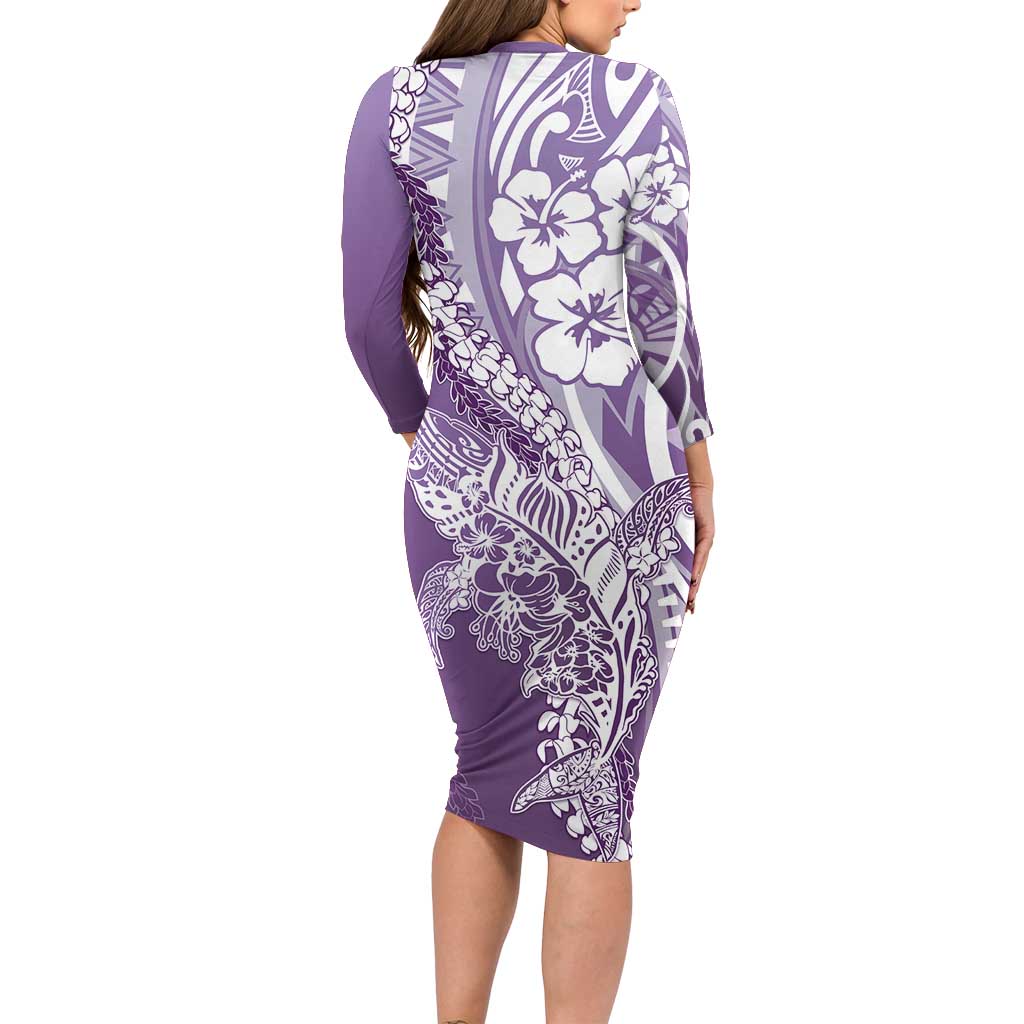 Hawaii Puakenikeni And Maile Lei Long Sleeve Bodycon Dress Violet Polynesian Shark Tattoo DT05 - Polynesian Pride