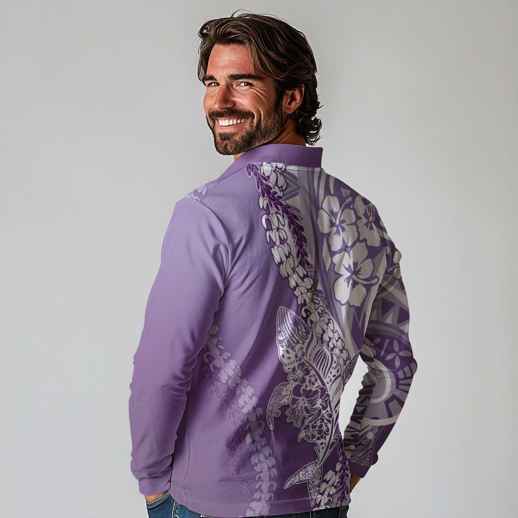 Hawaii Puakenikeni And Maile Lei Long Sleeve Polo Shirt Violet Polynesian Shark Tattoo DT05 - Polynesian Pride