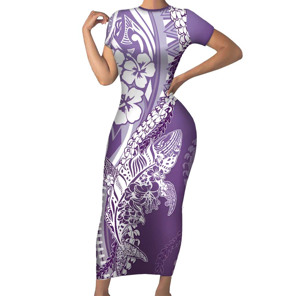 Hawaii Puakenikeni And Maile Lei Short Sleeve Bodycon Dress Violet Polynesian Shark Tattoo DT05 Long Dress Violet - Polynesian Pride