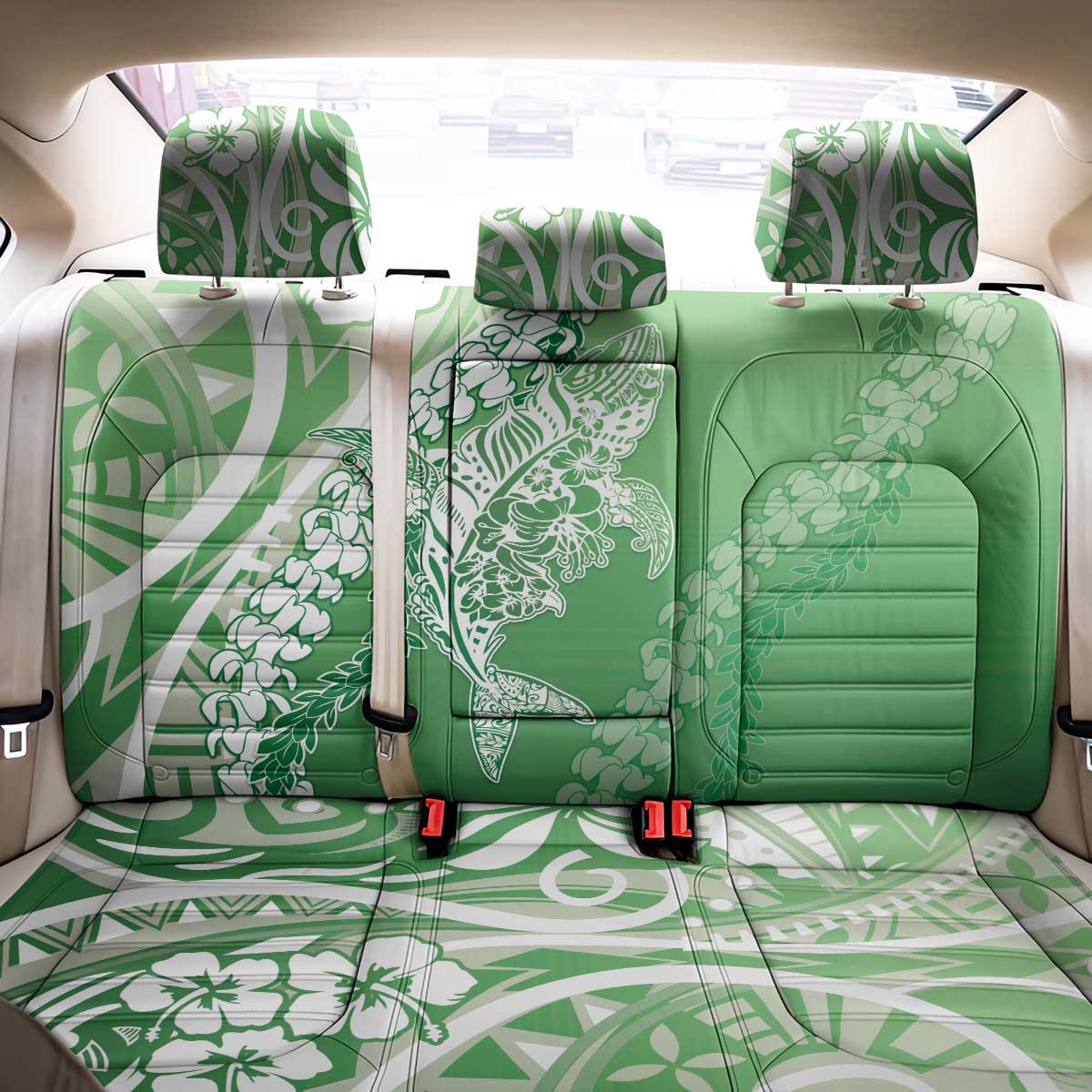 Hawaii Puakenikeni And Maile Lei Back Car Seat Cover Green Polynesian Shark Tattoo DT05 - Polynesian Pride