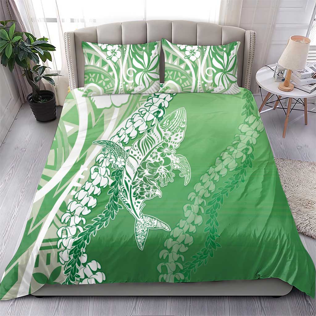 Hawaii Puakenikeni And Maile Lei Bedding Set Green Polynesian Shark Tattoo DT05