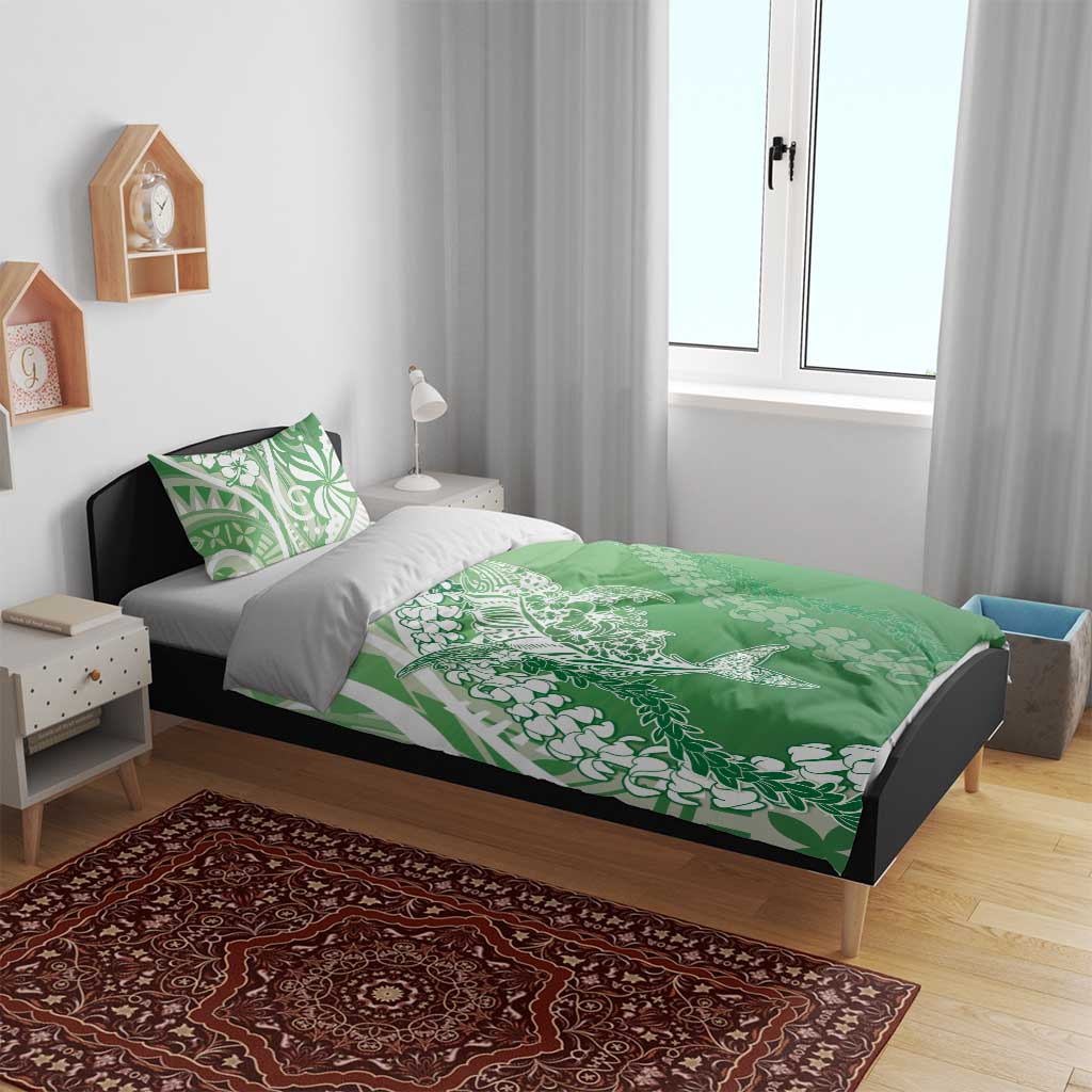 Hawaii Puakenikeni And Maile Lei Bedding Set Green Polynesian Shark Tattoo DT05