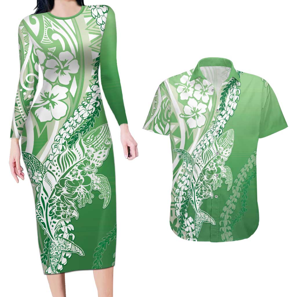 Hawaii Puakenikeni And Maile Lei Couples Matching Long Sleeve Bodycon Dress and Hawaiian Shirt Green Polynesian Shark Tattoo DT05