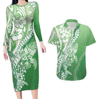 Hawaii Puakenikeni And Maile Lei Couples Matching Long Sleeve Bodycon Dress and Hawaiian Shirt Green Polynesian Shark Tattoo DT05
