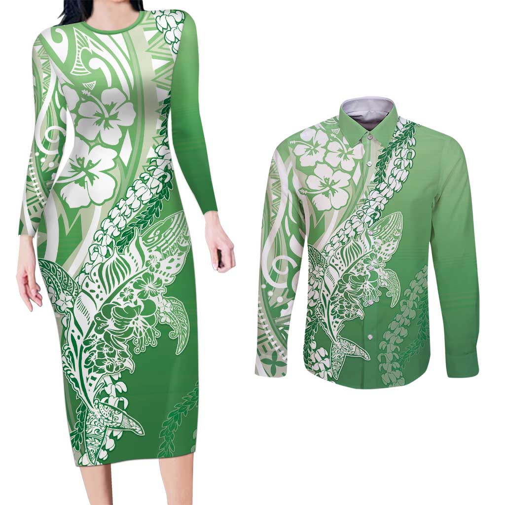 Hawaii Puakenikeni And Maile Lei Couples Matching Long Sleeve Bodycon Dress and Long Sleeve Button Shirt Green Polynesian Shark Tattoo DT05