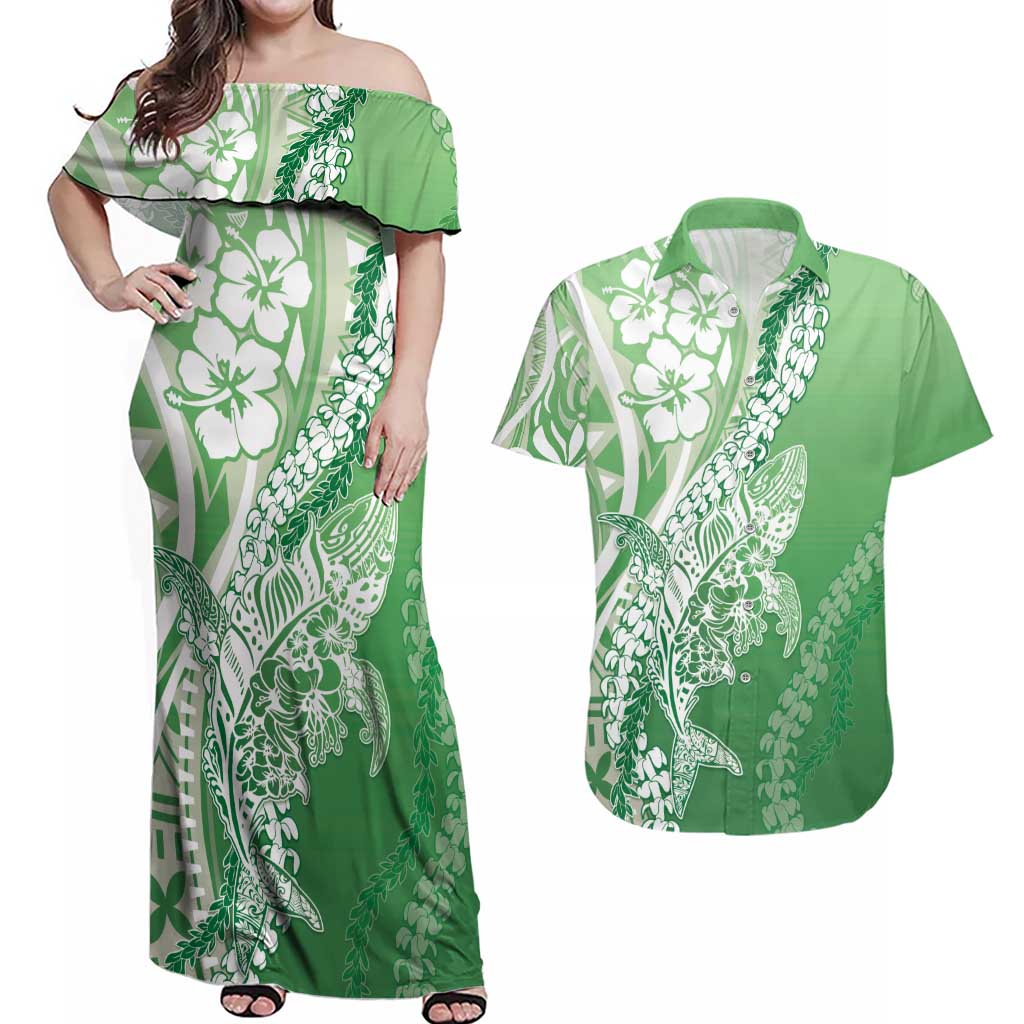 Hawaii Puakenikeni And Maile Lei Couples Matching Off Shoulder Maxi Dress and Hawaiian Shirt Green Polynesian Shark Tattoo DT05