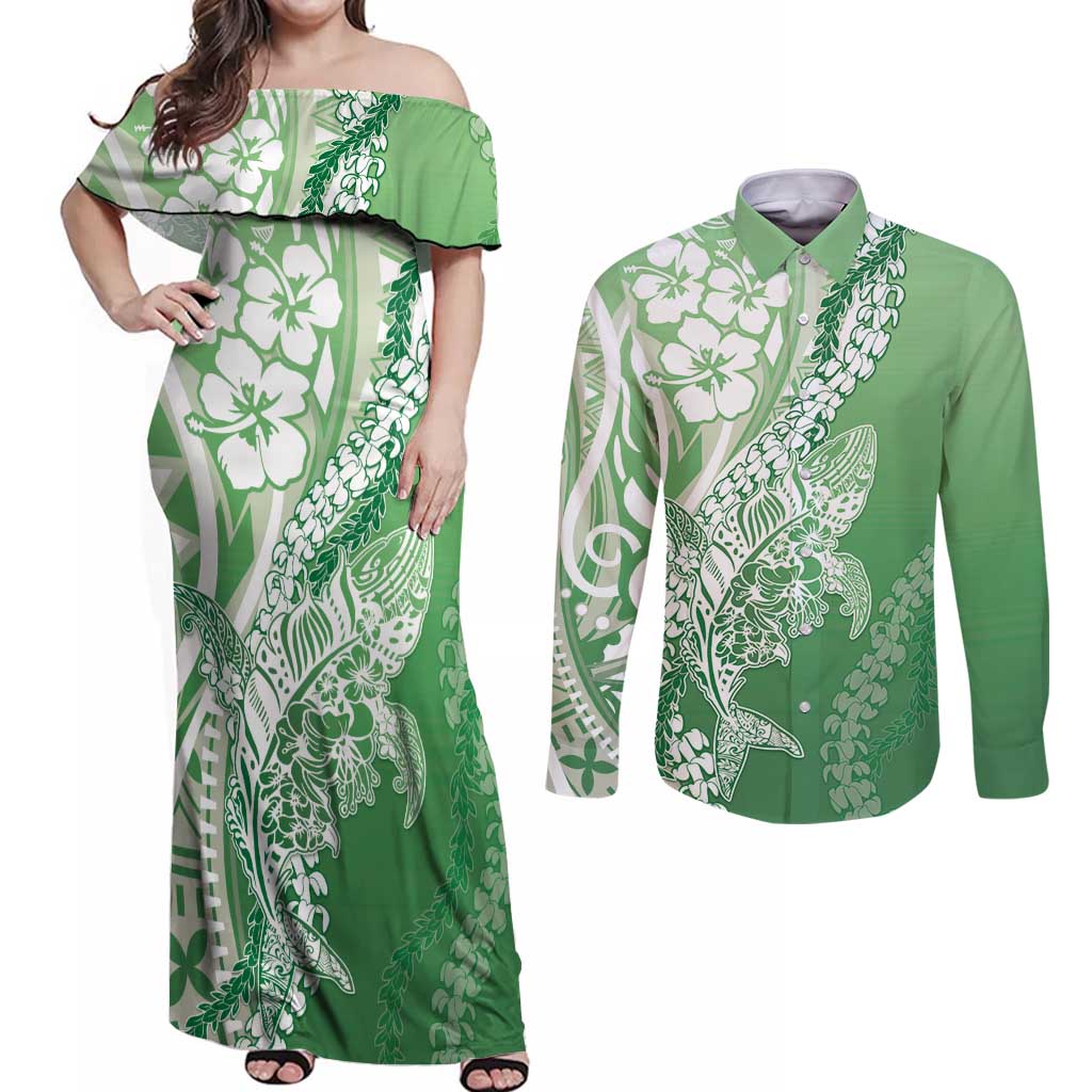 Hawaii Puakenikeni And Maile Lei Couples Matching Off Shoulder Maxi Dress and Long Sleeve Button Shirt Green Polynesian Shark Tattoo DT05