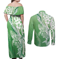Hawaii Puakenikeni And Maile Lei Couples Matching Off Shoulder Maxi Dress and Long Sleeve Button Shirt Green Polynesian Shark Tattoo DT05