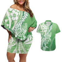 Hawaii Puakenikeni And Maile Lei Couples Matching Off Shoulder Short Dress and Hawaiian Shirt Green Polynesian Shark Tattoo DT05