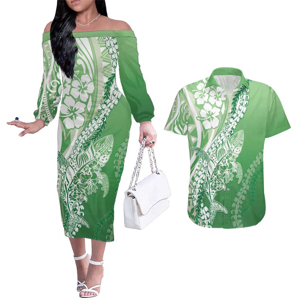 Hawaii Puakenikeni And Maile Lei Couples Matching Off The Shoulder Long Sleeve Dress and Hawaiian Shirt Green Polynesian Shark Tattoo DT05