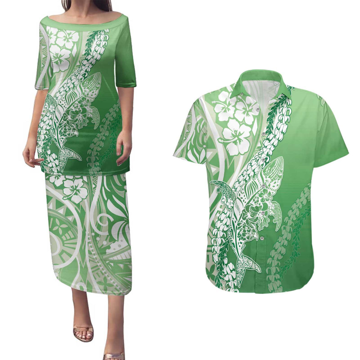 Hawaii Puakenikeni And Maile Lei Couples Matching Puletasi and Hawaiian Shirt Green Polynesian Shark Tattoo DT05 Green - Polynesian Pride
