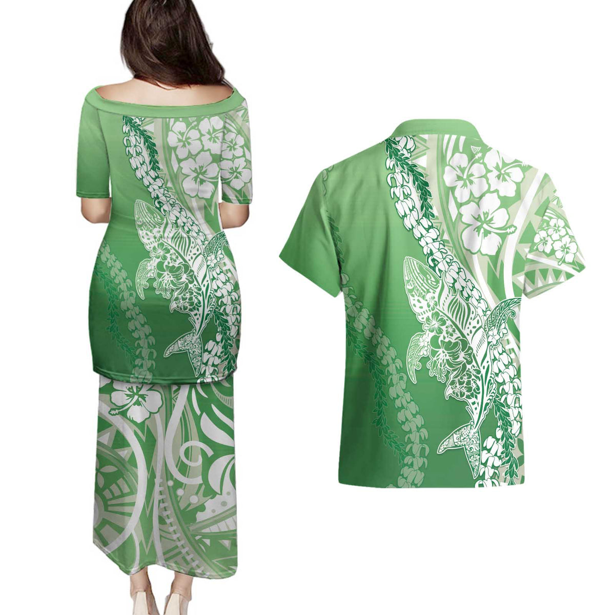 Hawaii Puakenikeni And Maile Lei Couples Matching Puletasi and Hawaiian Shirt Green Polynesian Shark Tattoo DT05 - Polynesian Pride