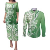 Hawaii Puakenikeni And Maile Lei Couples Matching Puletasi and Long Sleeve Button Shirt Green Polynesian Shark Tattoo DT05 Green - Polynesian Pride