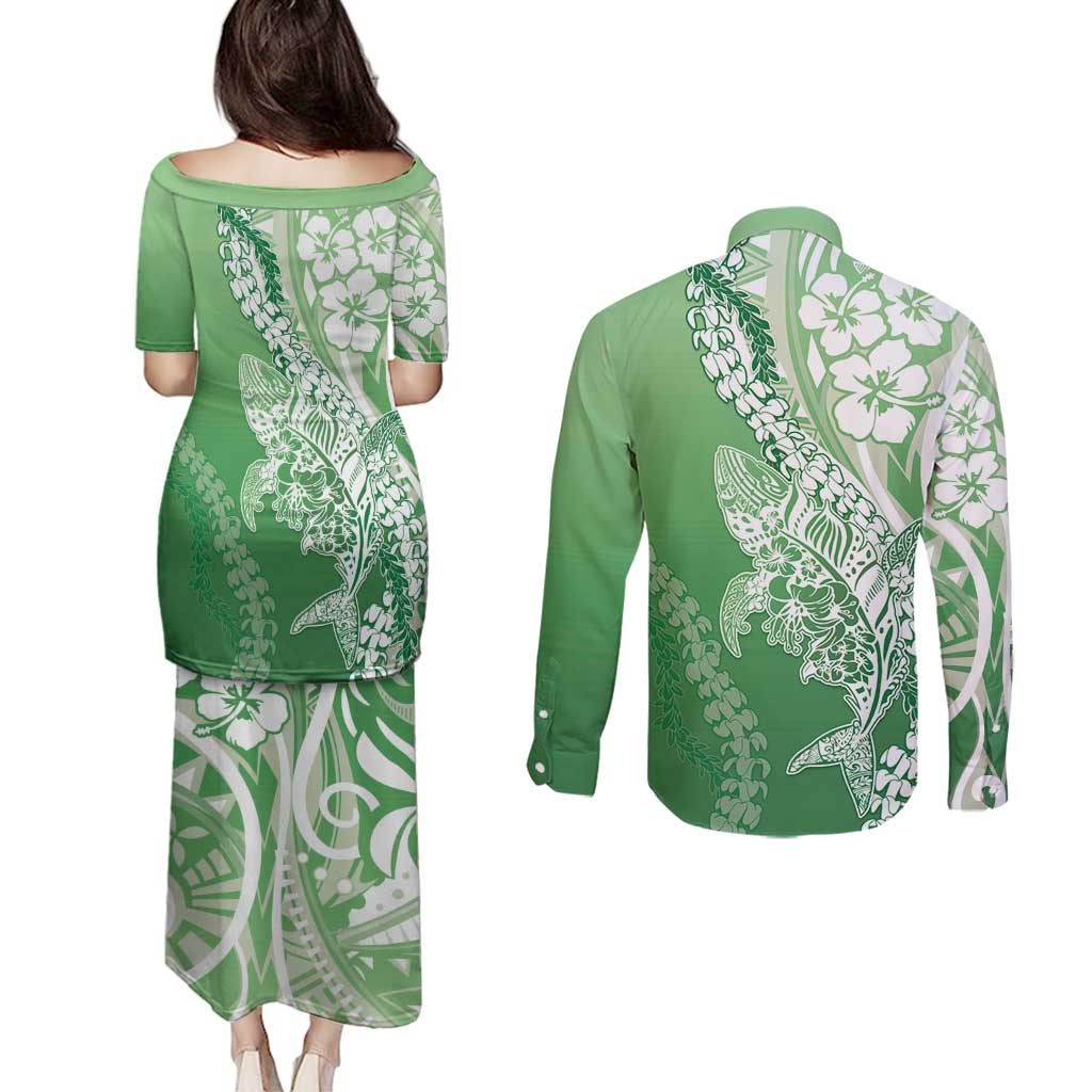 Hawaii Puakenikeni And Maile Lei Couples Matching Puletasi and Long Sleeve Button Shirt Green Polynesian Shark Tattoo DT05 - Polynesian Pride