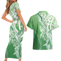 Hawaii Puakenikeni And Maile Lei Couples Matching Short Sleeve Bodycon Dress and Hawaiian Shirt Green Polynesian Shark Tattoo DT05
