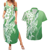 Hawaii Puakenikeni And Maile Lei Couples Matching Summer Maxi Dress and Hawaiian Shirt Green Polynesian Shark Tattoo DT05