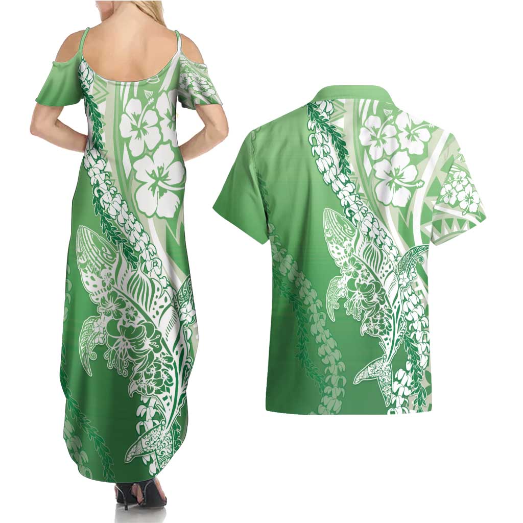 Hawaii Puakenikeni And Maile Lei Couples Matching Summer Maxi Dress and Hawaiian Shirt Green Polynesian Shark Tattoo DT05