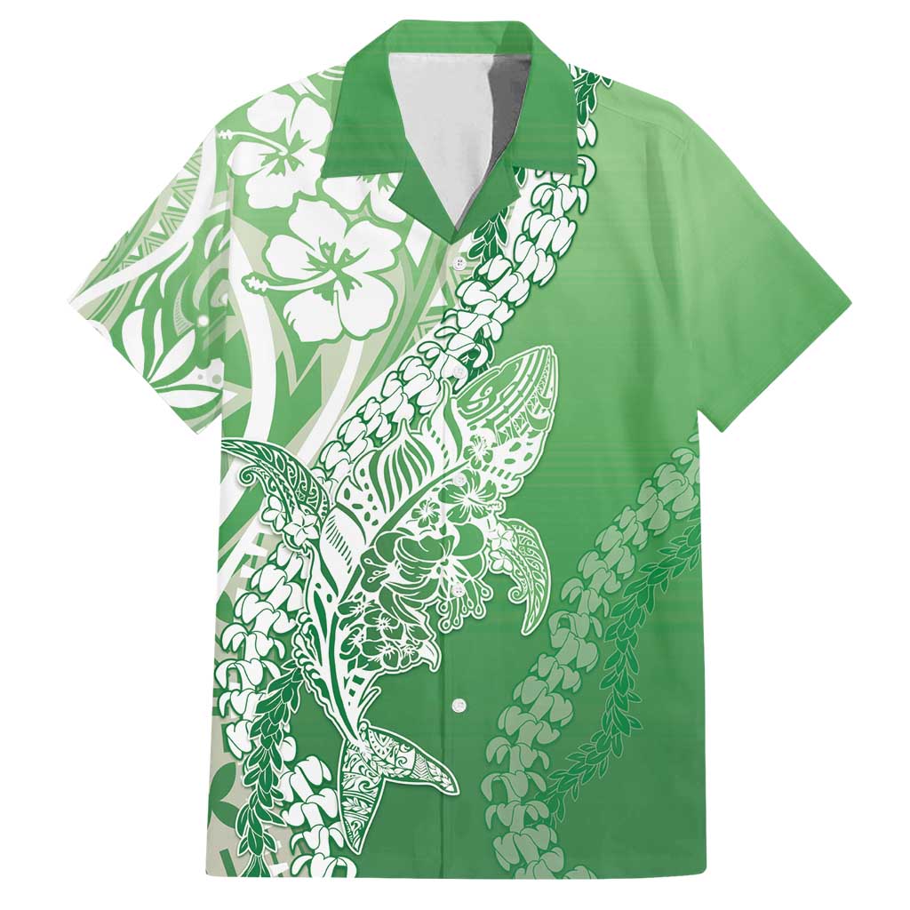 Hawaii Puakenikeni And Maile Lei Family Matching Long Sleeve Bodycon Dress and Hawaiian Shirt Green Polynesian Shark Tattoo DT05